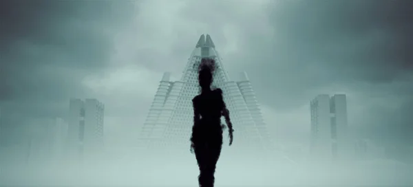 Smoke Shadow Spirit Silhouette Mysterious Woman Walking Front Brutalist Buildings —  Fotos de Stock