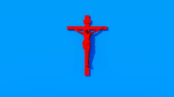 Bright Red Jesus Christ Crucifix Cross Vivid Blue Background Easter Religion Symbol 3d illustration render