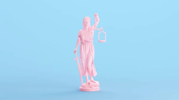粉红女士司法刻度保护平衡司法制度蓝色背景3D插图渲染数字渲染 — 图库照片