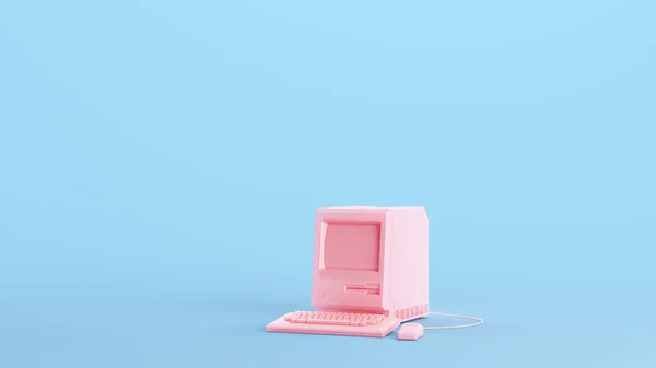 Pink Computer Screen Keyboard Tecnologia Vintage Kitsch Azul Fundo Ilustração — Fotografia de Stock