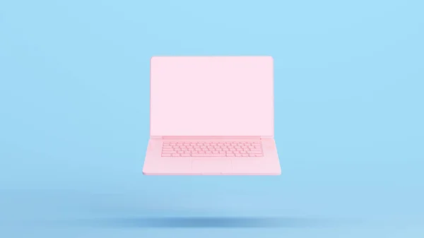Pink Laptop Notebook Working Remotely Screen Open Computer Keyboard Blue Background 3d illustration render digital rendering