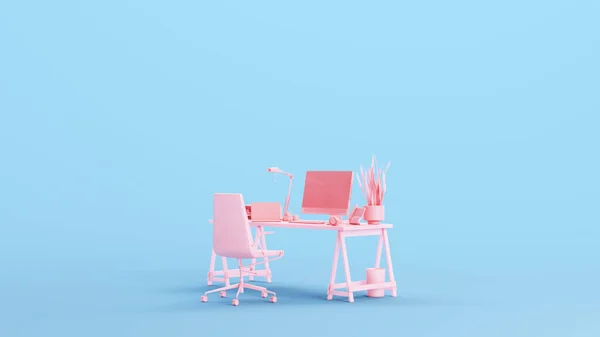 Pink Office Desk Studio Space Arbetsplats Fjärrarbetsplats Affärsarbete Kitsch Blå — Stockfoto