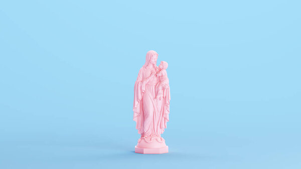 Pink Mary Mother Woman Baby Jesus Statue Holy Mother Modern Kitsch Blue Background Front View 3d illustration render digital rendering