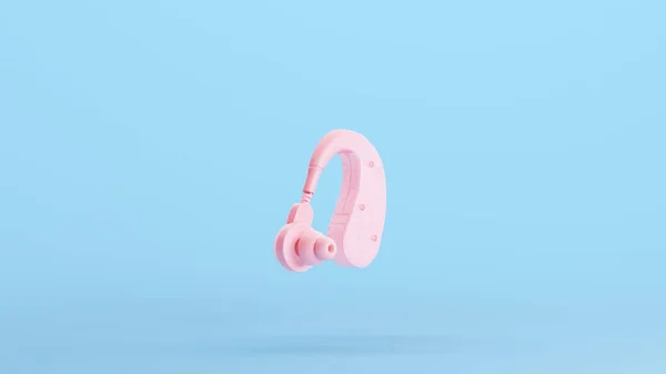 粉红助听器听觉障碍装置耳聋Kitsch蓝色背景3D插图渲染数字渲染 — 图库照片