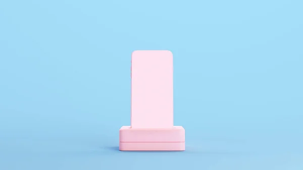 Rózsaszín Slim Phone Charger Desk Screen Fun Kitsch Kék Háttér — Stock Fotó