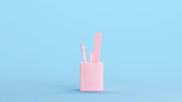 Pink Desk Tidy Studio Space Object Pen Kitsch Blue Background — стоковое фото