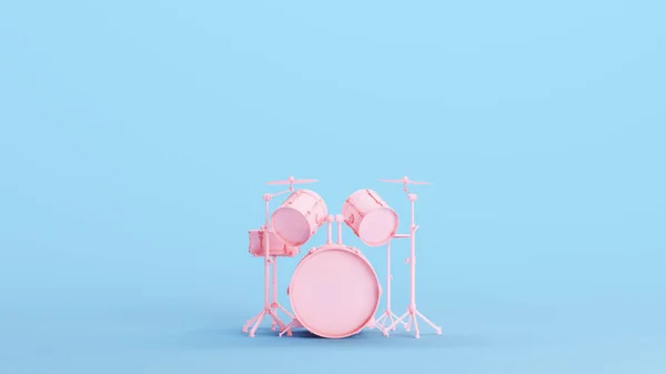 Pink Drum Kit Set Cymbals Youth Music Percussion Musical Instrument Kitsch Blue Background Front View 3d illustration render digital rendering