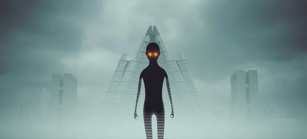Hátborzongató Ázsiai Sci Paranormális Entitás Interdimenzionális Dimenzionális Lény Fekete Szeletelt — Stock Fotó