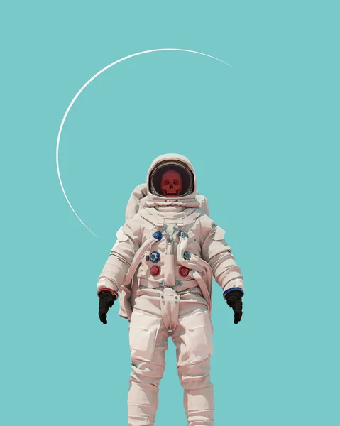 Astronaut Kosmonaut Weltraumanzug Helm Roter Totenkopf Blauer Himmel Retro Sci — Stockfoto