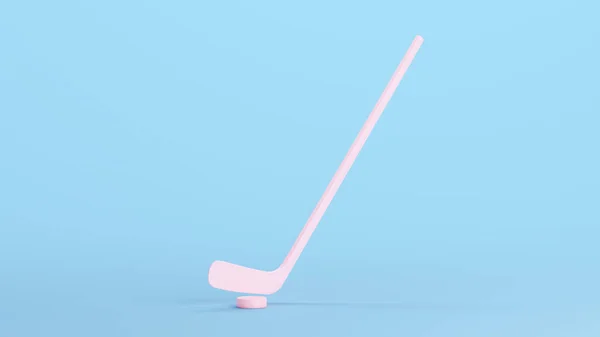 Pink Hockey Stick Puck Sports Equipment Training Fun Kitsch Blue Background 3d illustration render digital rendering