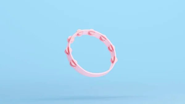 Pink Tambourine乐器打击乐Zils Frame Jingles Kitsch Blue Background 3D插图渲染数字渲染 — 图库照片