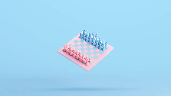 ピンクのチェスボードチェス駒ゲーム伝統的なレクリエーション競争キッチュブルーの背景3Dイラストレンダリングデジタルレンダリング — ストック写真