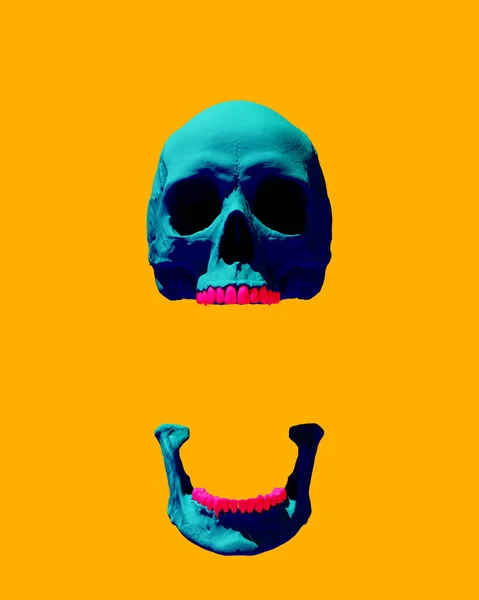 Skull Jaw Floating Blue Pink Teeth Day Sunny Yellow Background — 스톡 사진