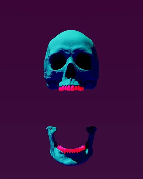 Blue Skull Jaw Floating Pink Teeth Sunny Dark Blue Sky Background High Contrast Gen Z Kitsch Style 3d illustration render digital rendering