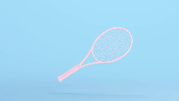 ピンクのテニスラケット文字列スポーツ用品トレーニング楽しいキッチュブルー背景3Dイラストレンダリングデジタルレンダリング — ストック写真