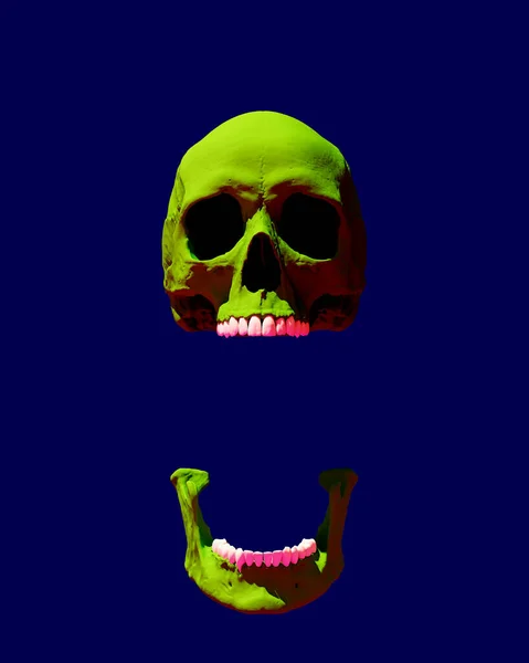 スカル顎浮動緑ピンク歯の日サニーブルー背景高コントラストGen Zキッチュスタイルの3Dイラストレンダリングデジタルレンダリング — ストック写真
