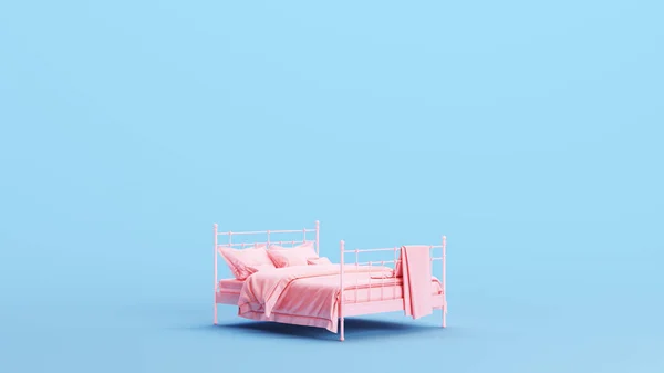 Розовая Кровать Винтажная Железная Кровать Рамка Удобные Элегантные Листы Одеяло — стоковое фото