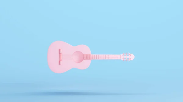 粉色声学吉他乐器古典音乐谐音大厅音乐弦乐Kitsch Blue Background 3D插图渲染数字渲染 — 图库照片
