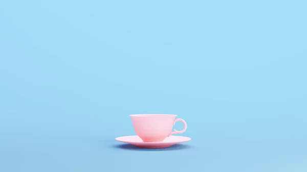 ピンクティーカップソーサー高級スタイリッシュなトレンディな世代Z朝食キッチュブルー背景3Dイラストレンダリングデジタルレンダリング — ストック写真