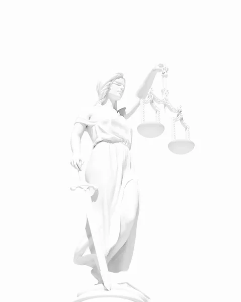 白衣女子司法雕像司法制度的人格化传统保护与平衡道德力量为善与法服务白底3D图解使数字渲染 — 图库照片
