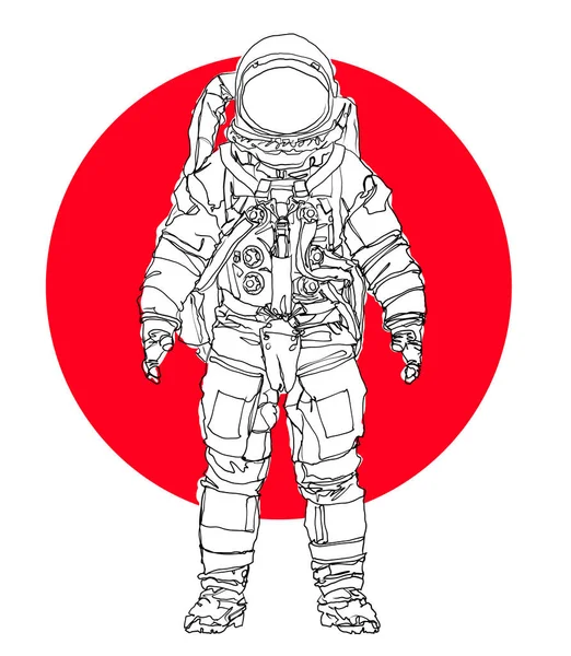 Astronauta Linha Desenho Espaçador Mão Desenhado Vermelho Sol Gráfico Retro — Fotografia de Stock