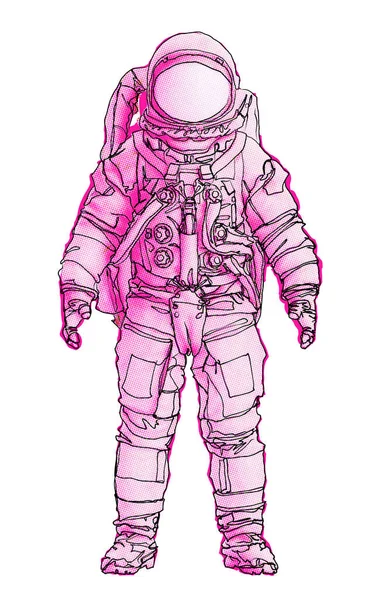 Ροζ Astronaut Spaceman Χέρι Σχεδιάζεται Halftone Γραφική Απεικόνιση Retro Εικονογράφηση — Φωτογραφία Αρχείου