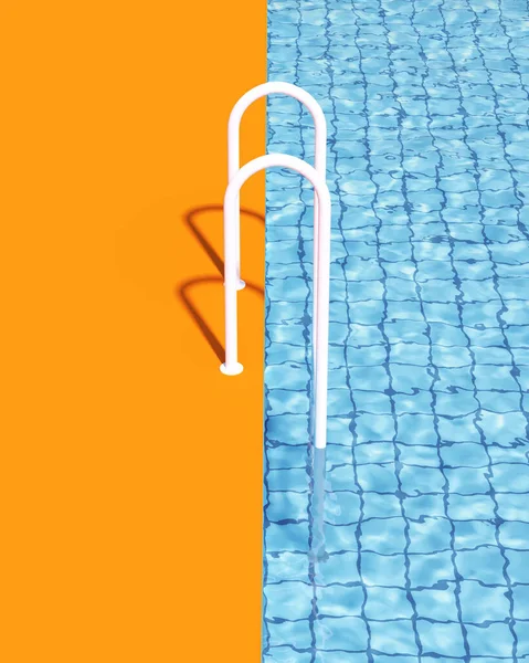 スイミングプールプールサイドオレンジブルーホワイトレトロ高級夏の休日の水の3Dイラストレンダリングデジタルレンダリング — ストック写真