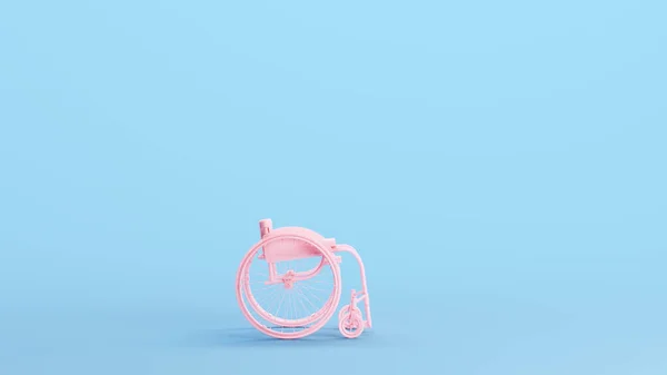 ピンクの車いすカスタムモビリティヘルスケア障害者支援輸送機器サイドビューキッチュブルー背景3Dイラストレンダリングデジタルレンダリング — ストック写真