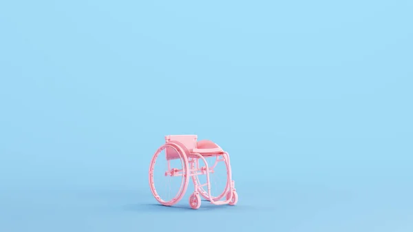 ピンクの車いすカスタムモビリティヘルスケア障害者支援輸送機器クオータービューキッチュブルー背景3Dイラストレンダリングデジタルレンダリング — ストック写真