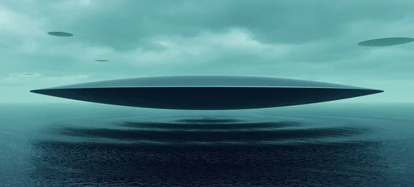 Нло Серебристый Океан Зависает Неопознанный Летающий Объект Голубые Волны Горизонтальные — стоковое фото