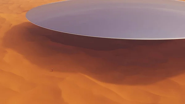 銀Ufo未確認飛行物体砂漠砂砂丘風景オレンジ到着外国人宇宙飛行士3Dイラストレンダリングデジタルレンダリング — ストック写真