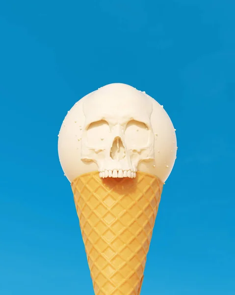 Ice Cream Cone Vanilla White Chocolate Skull Sphere Scoop Blue — Stock Photo, Image