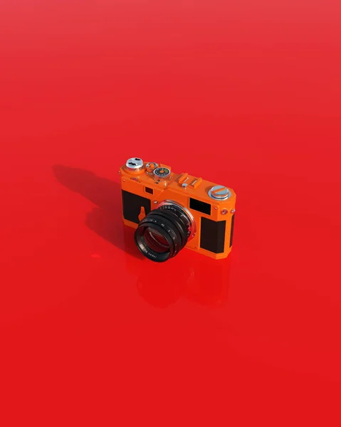 Arancione Vintage Fotocamera Nostalgia Anni Retrò Kitsch Sfondo Rosso Carta — Foto Stock