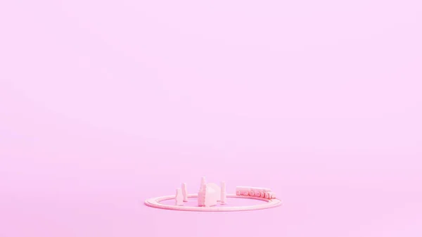 粉色玩具铁轨儿童木制时尚杂志粉色背景3D插图渲染数字渲染 — 图库照片