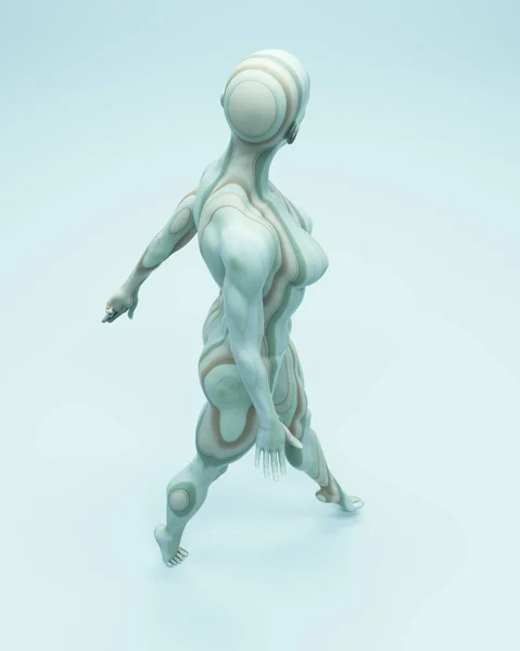 女性肌肉抽象迷幻图案时尚形象绿桃蓝线波浪形优雅女性行走3D图解渲染数字渲染 — 图库照片