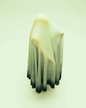 Hayalet figür plastik çarşaf ölüm kefeni korkunç paranormal hayalet kino aydınlatma 3D illüstrasyon dijital görüntüleme