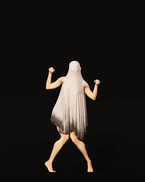 Hayalet Kadın Cadılar Bayramı Dansı Paranormal Beyaz Çarşaf Ölüm Kefeni — Stok fotoğraf