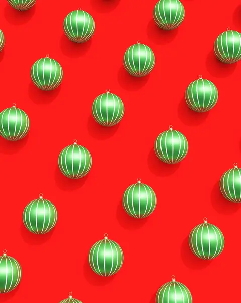 Navidad Bolas Verde Blanco Rayas Papel Pintado Rojo Fondo Decoración —  Fotos de Stock