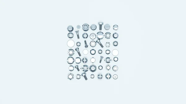 中性彩色螺钉螺母关闭白色灰色背景3D插图渲染数字渲染 — 图库照片