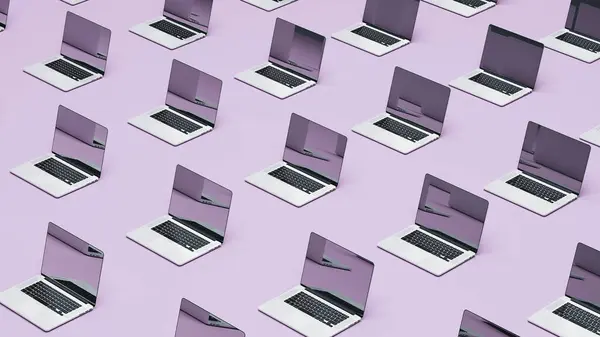 Laptop notebook network communication isometric grid layout pale purple lavender background cyber security internet safety 3d illustration render digital rendering