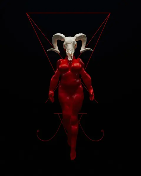 Lucifer Red Woman White Goat Skull Voluptuous Demon Devil Black Лицензионные Стоковые Изображения