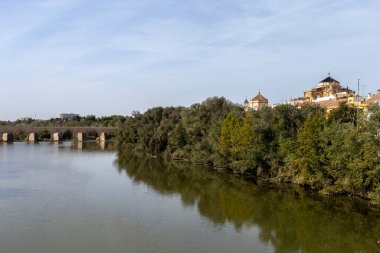 Cordoba, İspanya - 27 Ekim 2022: Guadalquivir Nehri ve 27 Ekim 2022 tarihinde İspanya 'nın Cordoba kenti Roma Köprüsü