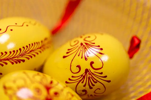 Wooden Easter Eggs Yellow Tray — Stock Photo, Image