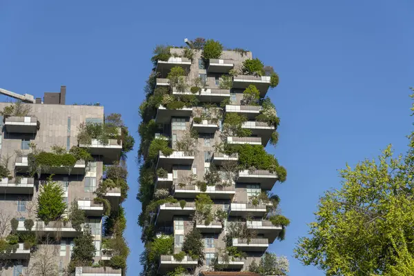 Como, İtalya - 4 Nisan 2025: Güneşli bir günde Milano 'daki Bosco Verticale yerleşim yeri.