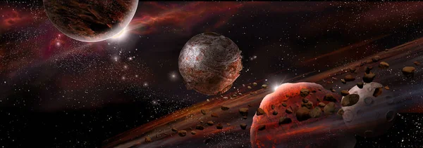 Vesmírná Krajina Hluboký Temný Prostor Pozemskými Exoplanetami Asteroidy Koncept Umění — Stock fotografie