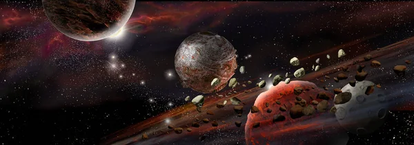 宇宙の風景 パノラマビューは 宇宙の背景に星雲や燃焼系外惑星をオフにします アートコンセプト — ストック写真