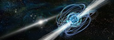 Space landscape. 3D illustration of magnetar, neutron star with powerful magnetic field on a background deep space and spiral galaxy. Art concept clipart
