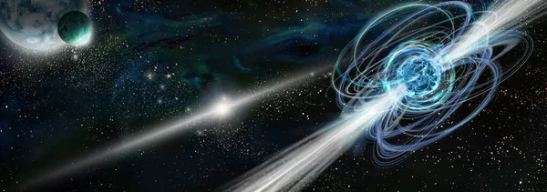 背景深宇宙や地球外惑星に強力な磁場を持つ中性子星の3Dイラスト アートコンセプト — ストック写真