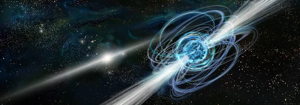 空间景观 三维演示磁焦油 中子星在背景深空和螺旋星系上具有强大的磁场 艺术概念 — 图库照片#