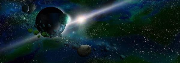 Different exoplanets and asteroids. Deep Space landscape with galaxy and stars. Art concept